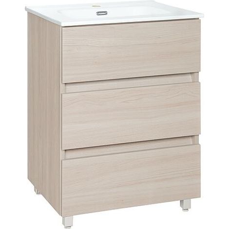 Meuble sous-vasque + vasque en céramique KORA XL, orme Rousseau, 3 tiroirs,605x845x470mm