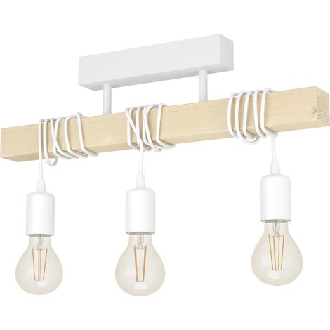 Plafonnier vintage à 3 lampes au design industriel, suspension rétro en bois, blanc et marron, douille E27 (1/5)