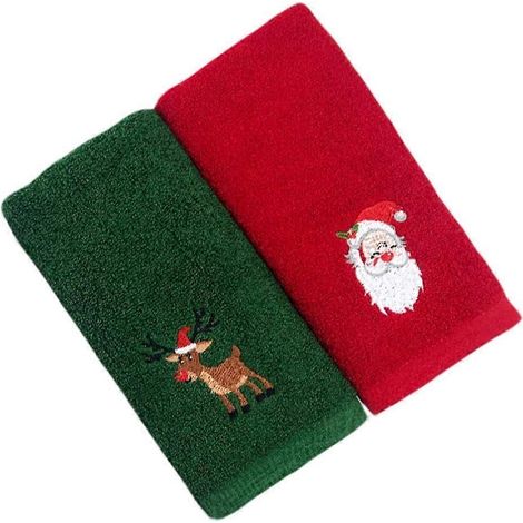 Lot de 2 serviettes de Noël pour les mains, le visage et la salle de sport (32 x 45 cm, rouge et vert) (1/4)