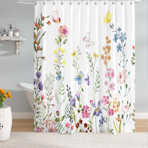 Green Mobility-Rideau de douche motif plantes printanières, tissu polyester, résistant à la moisissure, imperméable, lavable, 180 x 180 cm, avec 12 crochets (1/5)