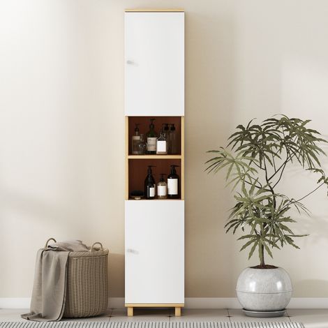 Colonne de rangement salle de bain bois blanc 30x30x166 cm, 2 placards avec étagères ouvertes, tablettes ajustables intérieures. (1/5)