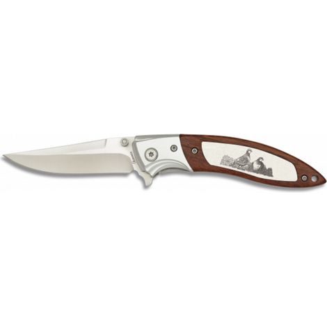 Coltello decorato Albainox Scout, Mango Legno di rosa, puntale in alluminio, lama da 8 cm, scatola di colori, pernici, 19694gr564