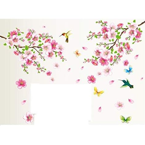 Sticker mural XXL Fleurs de pêcher - Fleurs, oiseau, papillon - Stickers muraux - Décoration murale pour salon et chambre