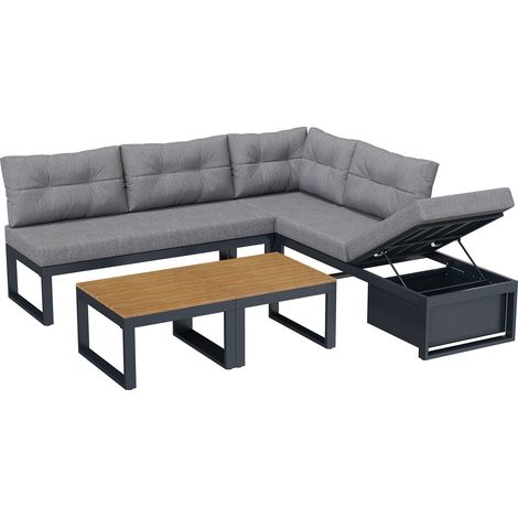 Set divano da giardino modulare grigio in poliestere con schienale regolabile e contenitore (1/5)