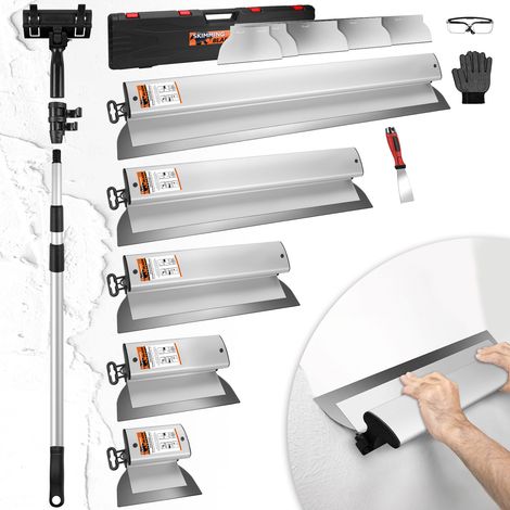 Spatule Enduit Lissage Set 5 Dimensions 15/25/40/60/80cm Manche d'extension de 80 cm à 193 cm Acier Inoxydable Aluminium Changement Rapide Lame Outils Plaquiste Enduit Grattage Peinture Papier Peint (1/5)
