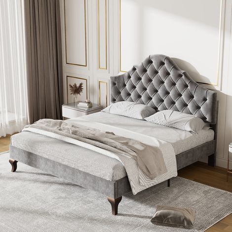 Lit rembourré velours gris 140x200 cm avec sommier à lattes bois et tête réglable