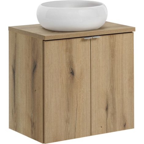 Ensemble de meuble salle de bain 2 portes NOVA OAK 60cm avec 1 vasque blanche à poser WIKI-Naturel (1/5)