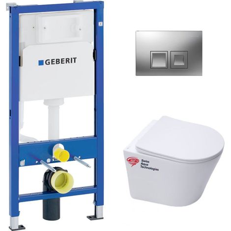 WC Set Duofix UP100 Vorwandelement + SAT Infinitio WC-Becken spülrandlose unsichtbare Befestigungen + Chromplatte