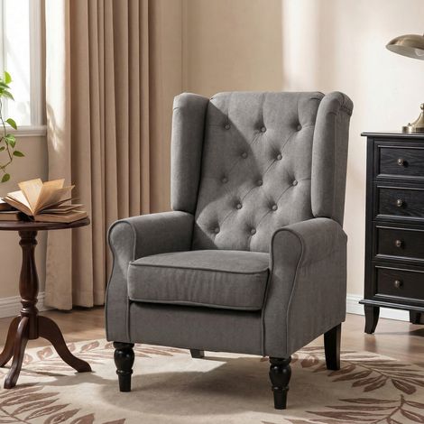 Fauteuil salon style français, pieds bois, coussins déhoussables, gris, 74x86x102 cm. (1/5)