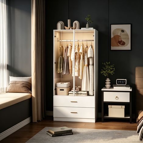 Armoire chambre avec porte vitrée et LED - Penderie blanche 2 tiroirs, éclairage capteur intelligent - style scandinave (1/5)