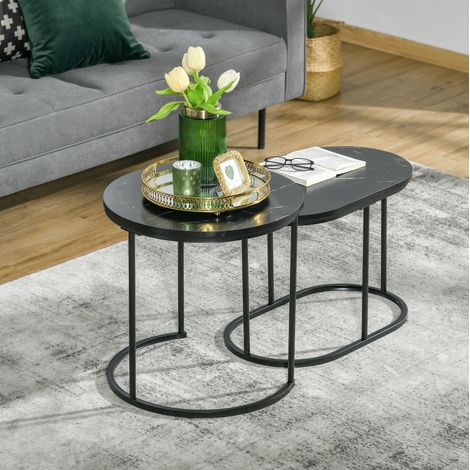 2-teiliges stapelbares Couchtisch-Set, rund und oval, MDF und Stahl, schwarz OKMYHOME (1/5)