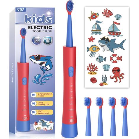 JTF Elektrische Zahnbürste Kinder ab 3 Jahre Schallzahnbürste mit 5 Putzmodi, 4 Bürstenköpfe, Intelligentem Timer, IPX7 Wasserdicht & DIY-Aufkleber Kinderzahnbürste für Junge (1/5)