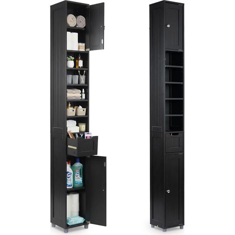 Meuble de Rangement Haut Armoire de Salle de Bain avec Etagère Réglable Tiroir et Armoires à Portes Meuble Colonne pour Chambre Salon Cuisine et Couloir 20x20x180cm Noir (1/5)