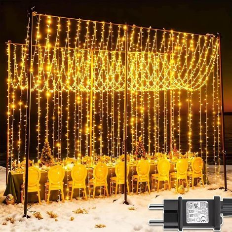 1 pièce Rideau Lumineux 6 x 3 m, 600 LED blanc chaud, étanche, 8 modes, décoration intérieure/extérieure pour Noël, mariage et événements
