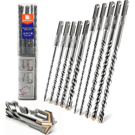 SDS Plus Lot de 10 forets pour béton 5/6/8/10/12 160MM+5/6/8/10/12 210MM - Compatible marteaux perforateurs SDS Plus pour béton, brique, pierre et maçonnerie (1/5)