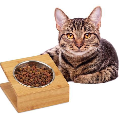 Relaxdays 1002885258 Gamelle, Chats & Petits Chiens, pour l'Eau & la Nourriture, geneigtes Eck, HLP 10x18x18 cm, Natur, Bambus, INOX, Natur, 1 Element (1/5)
