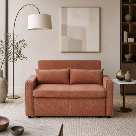 Canapé convertible 2 places 195x134x73 cm orange avec USB, tissu et structure en bois MEUBLIV (1/5)