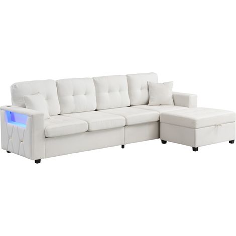 Sofá modular en L beige con otomana con almacenaje, USB y LED HOMVRA (1/5)