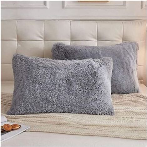 Lot de 2 taies d'oreiller de 50 x 70 cm - En peluche - Très doux - Pour canapé, décoration de jardin, extérieur - Gris - 50 x 70 cm (1/4)