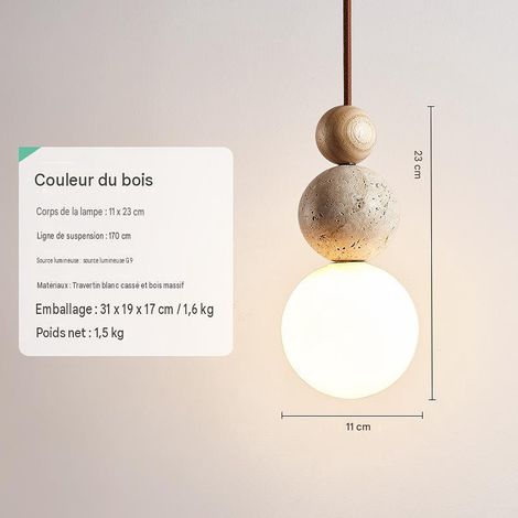 Suspension G bois naturel, pierre travertin noyer, douille E27 220V, LED chaud