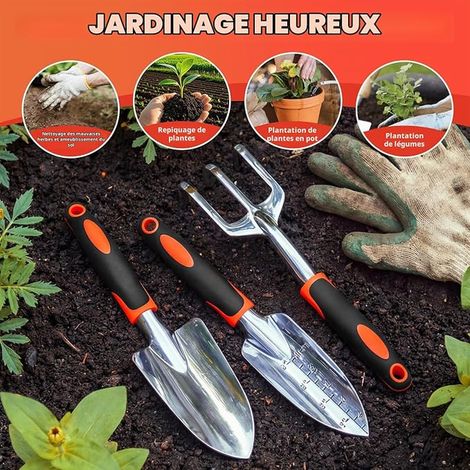 Set of 3 Solid Gardening Tools, Aluminium Alloy Garden Kit with Ergonomic Handle, Includes Shovel, Trowel and Hand Claw for Planting and Lawn, Orange (1/2)
