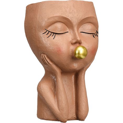 Pot de fleurs décoratif Résine Visage souriant Vase fille soufflant des bulles Ornement maison brun foncé (1/5)