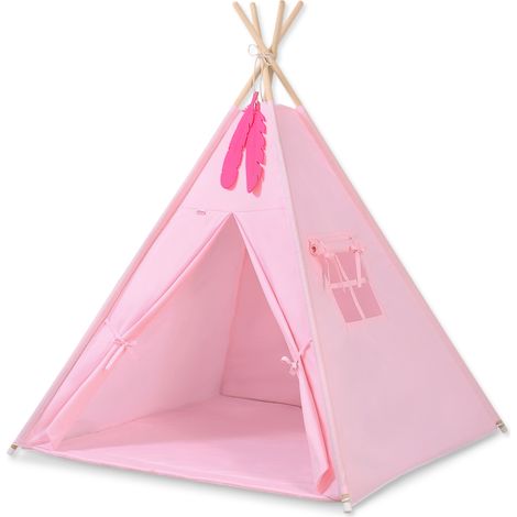 Tienda tipi para niños + colchoneta + almohadas + colgantes de plumas - rosa (1/5)