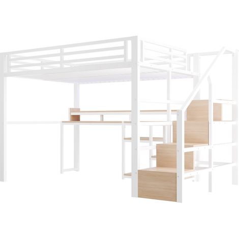 Litera alta 140 x 200 cm de metal y MDF con escritorio, estante escalera, LED, USB-C, blanco (1/5)