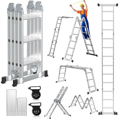 Jiubiaz Escalera transformable 7 en 1 de aluminio, 4x3 peldaños, aprox. 360 cm / 3,6 m, plegable, 2 plataformas + 2 ruedas, carga máxima 150 kg (1/5)