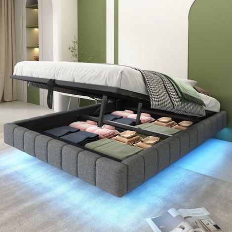 Lit Coffre - SOGEU - 140x200 Sans Tête de Lit et LED - Rembourré - Lin gris - Rangement hydraulique (1/5)