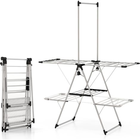 Stendibiancheria pieghevole con barra alta per appendere ala regolabile in altezza, Stendino in acciaio 138x63x182cm (1/4)
