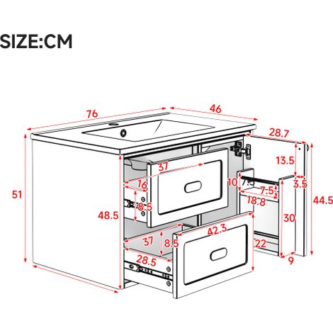 Lavabo intégré blanc – Meuble suspendu de salle de bain entièrement laqué, éclairage LED à détecteur radar, deux tiroirs silencieux, dimensions 76 x 46 x 51 cm – Modernité et fonctionnalité (1/5)