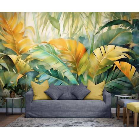 Papier Peint Tropical - Feuilles Dorées et Émeraude - 150 x 250 cm (1/2)