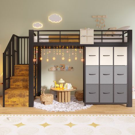 Lit Mezzanine Enfant 90x200cm - Lit Haut Métal avec Escalier de Rangement, Tiroirs et Tringle - Style Industriel - Noir (1/5)