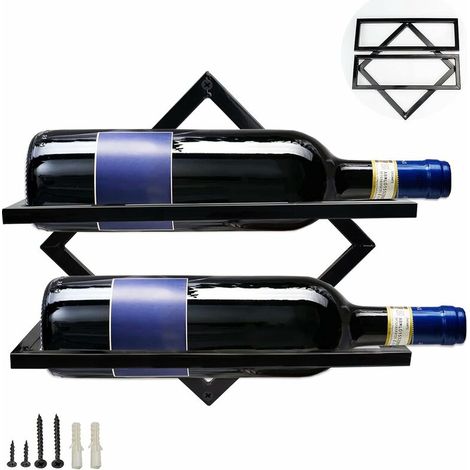 Wall Mounted Metal Wine Racks, Foldable Hanging Wine Rack Organizer for 2 Liquor Bottles, Wall Mounted Wine Rack Shelf for Kitchen Bar Cellar (Black 1) (1/5)