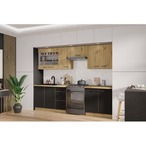 Cuisine complète 260 x 52 x 82 cm – Chêne artisan / Noir mat – Plan de travail non inclus – Pour espaces culinaires modernes – 1000Brico (1/4)