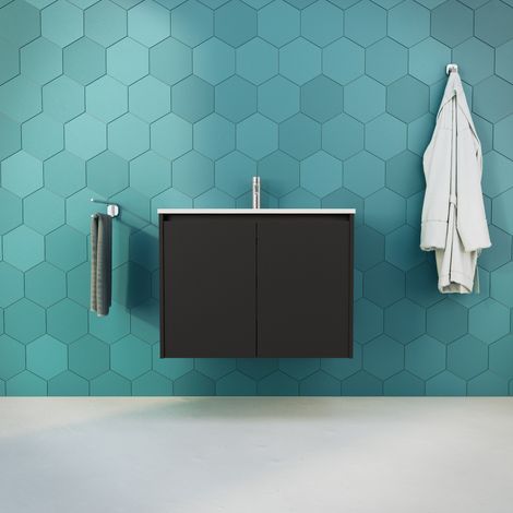 Inda - Badezimmerschrank B.80 mit glänzend/mattschwarzem Waschbecken 2 Türen - Saphir