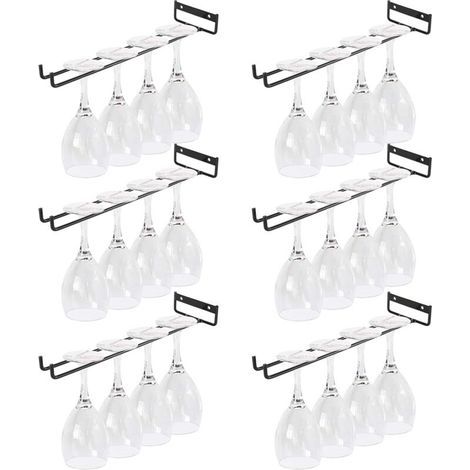 6 Pièces Porte Verres Suspendu, 30 cm Support Verre a Pied Suspendu, Noir Supports pour Verres à Vin Sous Armoire en Métal pour Armoire, Bar, Cuisine (1/4)