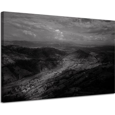 Lienzo impreso en blanco y negro con imágenes de montañas vistas desde un vuelo, 120x80 cm.