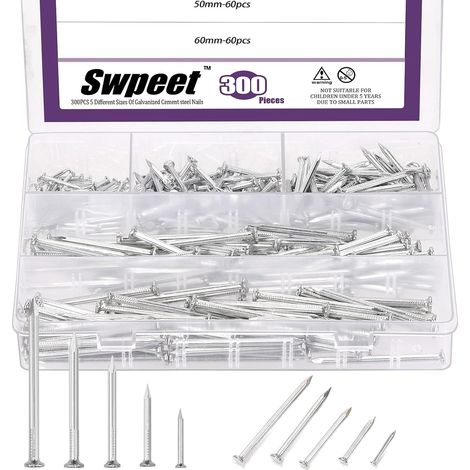 Kit de 300 pièces 5 tailles 3/4" 1-1/4" 1-3/5" 2" 2-3/8" Ensemble de clous en acier, clous galvanisés, petits clous, clous de finition, clous muraux, clous en bois, clous pour briques en béton (1/5)