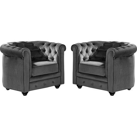 Vente-Unique – Lot de 2 fauteuils Chesterfield en velours anthracite – Dossier capitonné – Dimensions 85x72x78 cm – Charge max 120 kg (1/2)