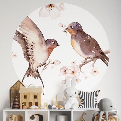 Sticker mural rond / cercle Enfants - Oiseaux - Diamètre 30 cm - Adhésif MAT (1/2)
