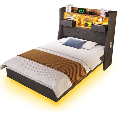 Lit capitonné 90x200 flottant avec LED, tête et station charge 1 Type-C 3 USB, lit simple tête coffre et sommier, lin, gris, matelas non inclus, gain de place (1/5)