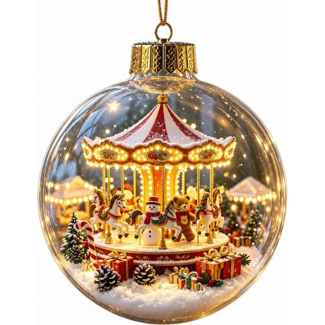 Boule à neige lumineuse 3D en acrylique transparent, décoration de Noël à suspendre au sapin, représentant un carrousel de parc d'attractions (1/5)