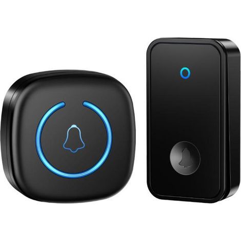 Sonnette de Porte sans Fil 300M IP55 Étanche Carillon Electronique avec Récepteur Enfichable pour la Maison 55 Mélodies LED Noir (1/3)