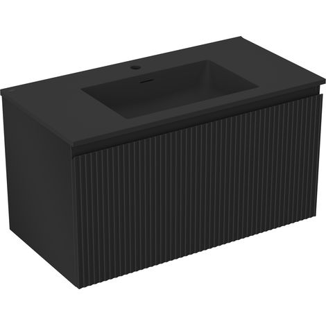 Mexen Rivel meuble de salle de bain 90 cm avec lavabo Otis, 1 tiroir, rainuré, noir mat - 91A20-09047-1-BF71-W18M71 (1/5)