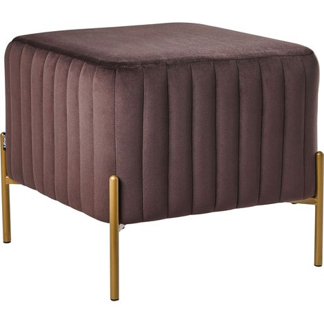 Footstool Dark Brown Velvet Upholstery Ottoman Pouffe Gold Metal Legs 47 x 47 cm Square Seat Glamour Living Room UTAH