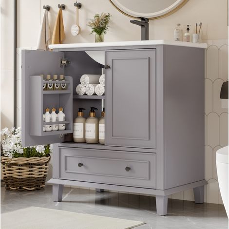 Mueble de baño con lavabo 76 x 46 x 87 cm gris con almacenaje y patas de madera HAVRYA (1/5)