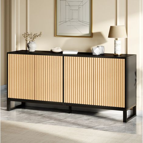 Credenza scarpiera 160x40x75 cm, 4 ante con rilievo verticale 3D, ripiani regolabili, MDF e truciolare nero, naturale (1/5)