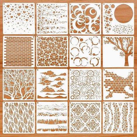Set of 16 reusable plastic painting stencils for landscape drawing, painting stencils, DIY projects, scrapbooking, furniture, and wall decoration. (1/5)